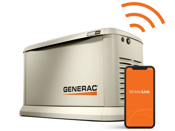 A generac generator with a mobile phone on then Mobile Link app homepage