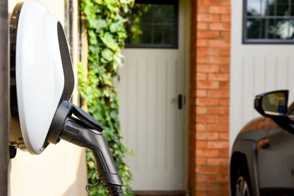 Electric vehicle charger mounted on a home exterior
